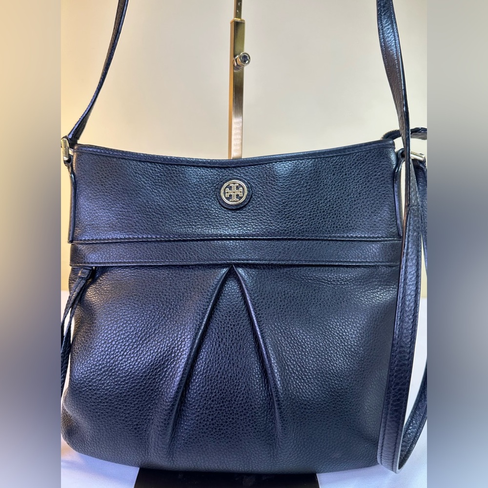 Tory Burch Black Pebbled Leather Crossbody Bag with Gold Logo